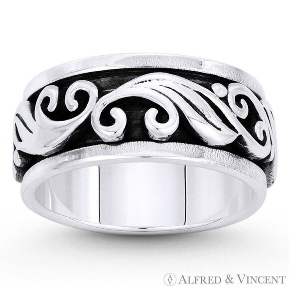 Swirl Pattern "Wind Gust" Charm ide Men's Band in .925 Sterling Silver - Size 9 - Picture 1 of 1